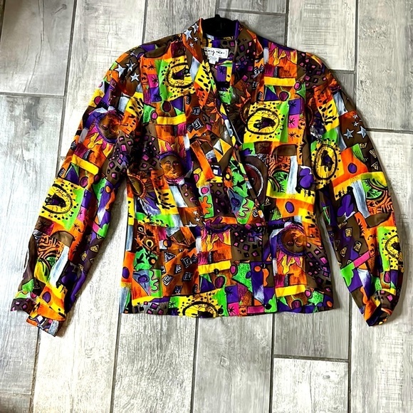 Vintage Nora Noh Silk V neck long sleeve art print blouse size 2 women’s - Picture 1 of 7